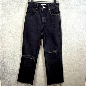 Zara Black Denim Jeans High Rise Wide Leg Raw Hem Rigid 100% Cotton Size 4